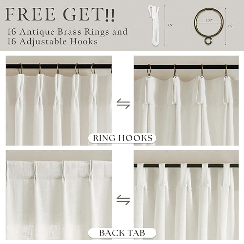 Linen Curtains 108 Inches long Pinch Pleated for Living Room 2 Panels Set Cream Ivory Natural Pleat Drapes Back Tab Semi Sheer Neutral Boho Ceiling to Floor 108 Inch Curtains for Bedroom Window 9 FT