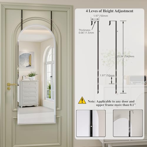 Frameless Arched Door Mirror Full Length, 48 x 14 Inch Frameless Beveled Full Body Arched Wall Mirror with 2 Hooks, Over the Door Hanging Mirror for Bedroom, Living Room, Cloakroom