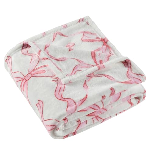 Pink Bow Throw Blanket –Spring Mother's Day Soft Fleece Blanket for Girls and Women, Coquette Aesthetic Room Decor for Bed, Couch, Chair, Preppy Bedroom or Gift, Cute Pink Bow Decor Blanket