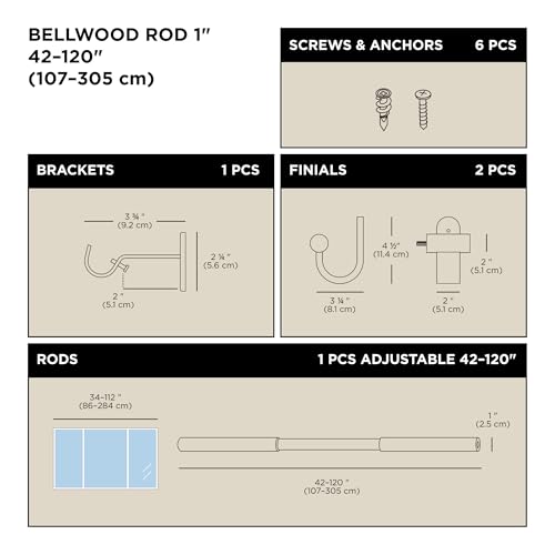 Umbra Bellwood Curtain Rod for Window Drapery, Adjustable Length 42" to 120", Set Includes Finials and Mounting Hardware, White/Natural