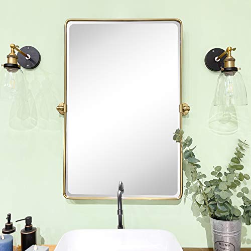TEHOME Gold Pivot Rectangle Bathroom Vanity Mirrror Farmhouse Tiltable Rounded Metal Framed Pivoting Bathroom Mirror with Beveled Mirrror, Overall 26.91 x 35 inches (Mirrror 23 x 35 inches)