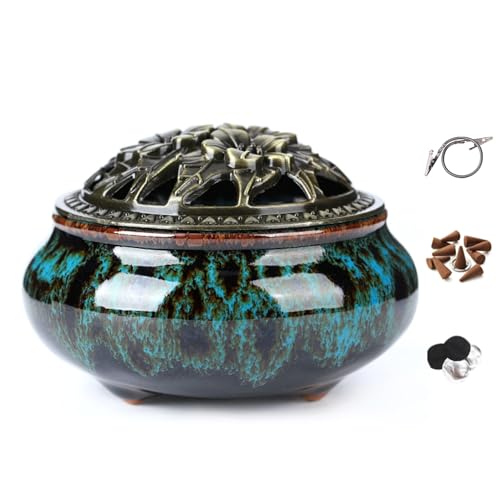 Censer Sky Blue Incense Burner with Calabash Incense Stick Holder - Porcelain Charcoal Censer for Use with Resin Granular Powder Cone or Coil Incense (Blue Fambe)