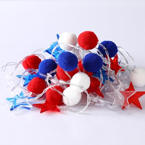 4th of July Decorations 9.5FT Red White Blue Pompom String Lights Battery Operated 8 Lighting Modes & Timer 20 LED Patriotic Fairy Lights for Independence Day, Memorial Day, Presidents Day, Bedroom
