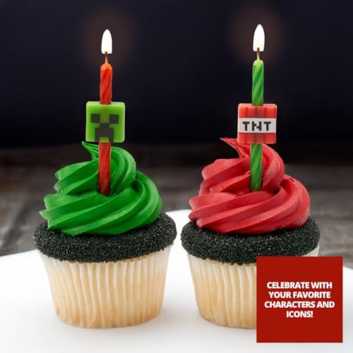 Minecraft Birthday Cake Candles | 6 Birthday Candles for Cake Decorations, Red & Green Striped Candles, Cake Toppers for Minecraft Party