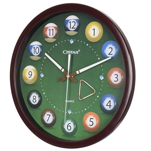 OSTAR Big Large Billiard Pool Ball Wall Clock, Battery Operated, Cue Hand, Non Ticking Quality Quartz, 14" Snooker Game