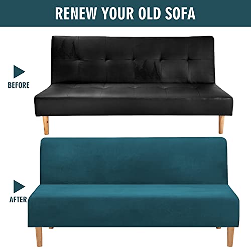 MIFXIN Armless Futon Slipcover Velvet Stretch Folding Sofa Cover Elastic Couch Furniture Protector for Foldable Futon Moving Sofa Bed Without Armrests (Velvet Deep Blue)