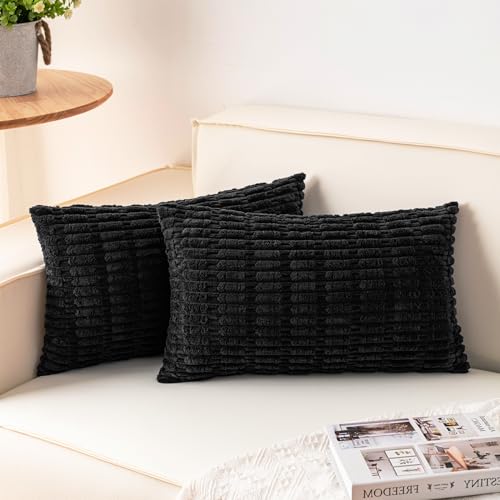 Pack of 2 Corduroy Decorative Throw Pillow Covers 12x24 Inch, Black