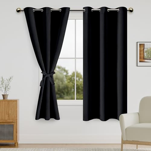 DWCN Black Blackout Curtains for Bedroom Sewn with Tiebacks - Thermal Insulated Light Blocking Grommet Window Curtains for Living Room, 42 x 63 inch Length, Set of 2 Drape Panels