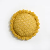 Acrylic Knitted Round Throw Pillow Knitting Bohemian Circular Cushion Pillow with Knit Handmade Pompoms Decorative Ginger Yellow, Diameter 18inches