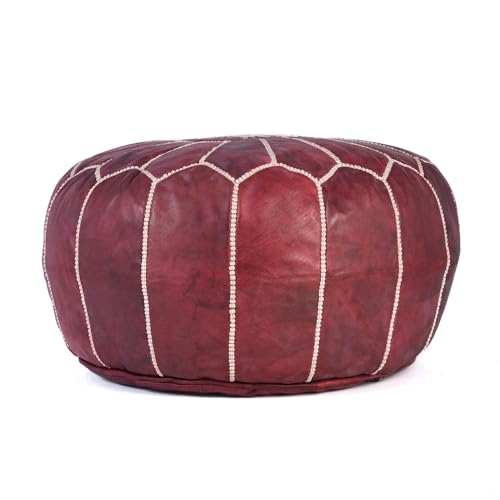 Handmade Moroccan Embroidered Leather Pouf | Delivered Unstuffed | Ottoman, Footstool, Footrest, Hassock, Floor Cushion, Coffee Table, Under Desk | Gift for Housewarming or Weddings (Burgundy)