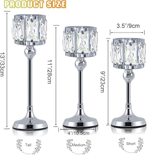 Crystal Tealight Candle Holders Set of 6 (9''/11''/13'') - Elegant Metal & Glass Centerpieces for Stunning Home Decor (Silver)