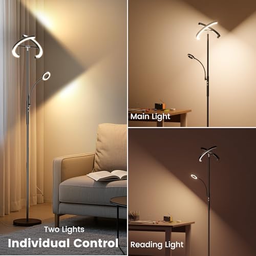 LED Floor Lamp for Living Room - Modern Standing Lamp with Reading Light, Remote Touch Control Floor Light Dimmable Mother-Daughter Tall Bedroom Lamp for Couch Office, 29W, Black
