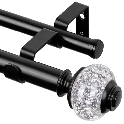 1 Inch Black Double Curtain Rod for Windows 66 to 120 Inches (5.5 to 10 Ft), USFOOK Adjustable Curtain Pole, Crystal Window Treatment Rods for Sliding Glass Door, Wall mounted