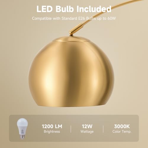 CO-Z 69" Modern Arc Floor Lamp, Gold Standing Light with Adjustable Metal Shade and Marble Base, LED Bulb Included, Contemporary Lighting for Living Room or Sofa
