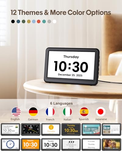 Clock with Day and Date for Elderly, 7" Large Display Digital Calendar Day Clock with 20 Custom Alarms and Medicine Reminders, Dimmable Dementia Alzheimers Clocks for Seniors, Black (Ac Powered)