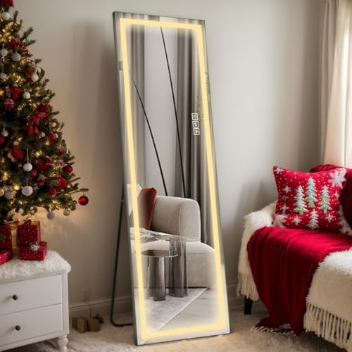 Full-Length LED Mirror with Lights, Wide Standing Dressing Mirror, Large Full-Body Floor Mirror with Dimmable Lighting for Bedroom, Tall Lighted Mirror with Stand or Wall Mount