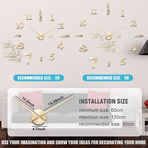 Junkin 3D Large Frameless DIY Wall Clock Modern Decor Family Quote Wall Stickers Clock Kit for Home Living Room Bedroom Office Decorations Adjustable Size(Gold)