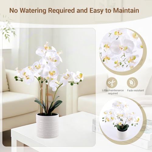 Fake Orchid Plant 23" Tall, Realistic Touch Leaves, Potted Phalaenopsis Artificial Plants Indoor for Home Decor Small Office Home Living Room-White