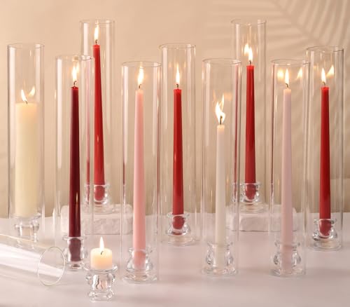 Volens Hurricane Glass Candle Holders - Set of 12 Candlestick Holders for Taper Candles with Windproof Cylinder Covers 14" Tall Clear Glass Chimney Cover for Wedding Table Centerpiece Fall Home Decor