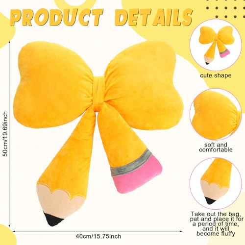 Qunclay Bow Pencil Pillow Back to School Throw Pillow 20''x16'' Soft Yellow Pencil Cushion for Classroom Cute Funny Pillowcase with Cotton Insert for Teacher Classroom Library Living Room Sofa Couch