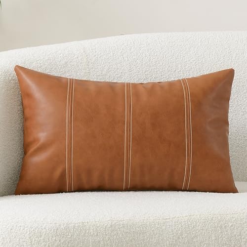 Faux Leather Lumbar Decorative Throw Pillow Cover 12x20 Cognac Brown Modern Farmhouse Boho Small Accent Rustic Home Decor Rectangle Cushion Cases for Couch Bed Sofa Living Room