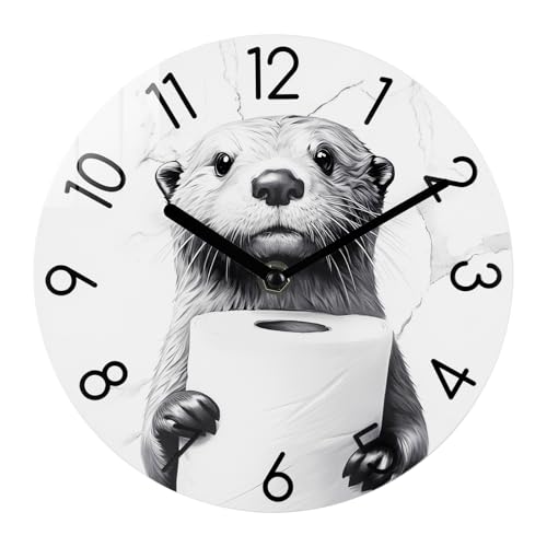 Crosstime Bathroom Wall Clock Modern Style Waterproof Glass Clock for Bathroom, Shower, Pool Decor - 8 Inch,Toilet Paper in Little Funny Otter's Hand Animal Theme
