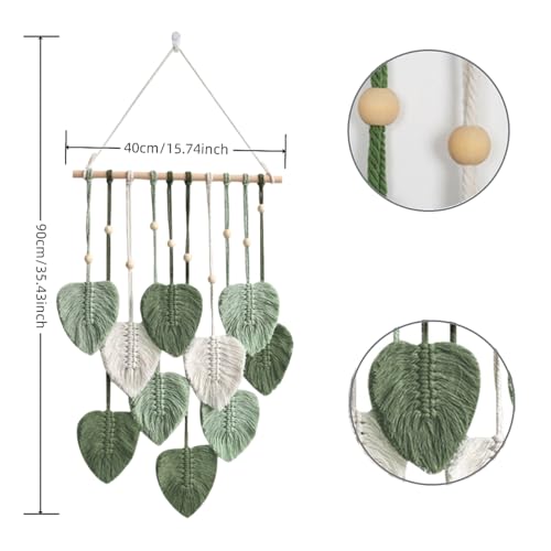 Avoik Macrame Wall Hanging Boho Woven Tapestry Handmade Home Wall Decor Bohemian Leaf Modern Chic Wall Art Green Feather Decorations for Living Room Bedroom Apartment Nursery Farmhouse Backdrop