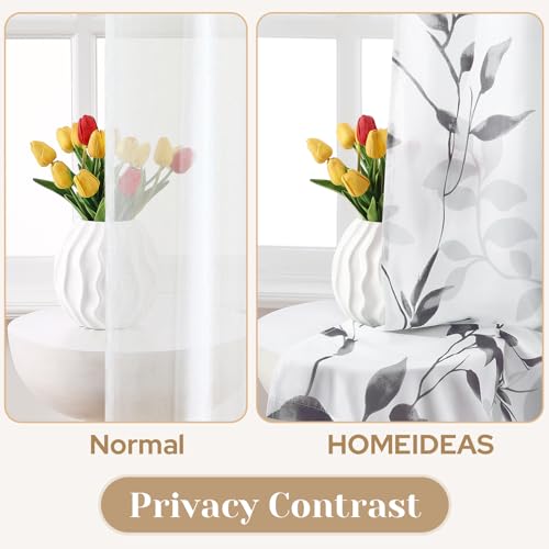 HOMEIDEAS Non-See-Through Light Grey and White Privacy Sheer Curtains 52 X 63 Inch Length 2 Panels, Leaf Floral Printed Light Filtering Semi Sheer Window Curtains Drapes for Bedroom Living Room