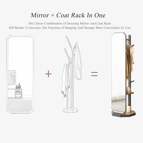 Floor-Standing Solid Wood Rotating Coat Rack，360° Rotating Full Length Mirror with Coat Rack and Hanging Hooks 2 in 1 Freestanding Floor Mirror and Clothes Hanger for Living Room Bedroom and