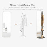 Floor-Standing Solid Wood Rotating Coat Rack，360° Rotating Full Length Mirror with Coat Rack and Hanging Hooks 2 in 1 Freestanding Floor Mirror and Clothes Hanger for Living Room Bedroom and