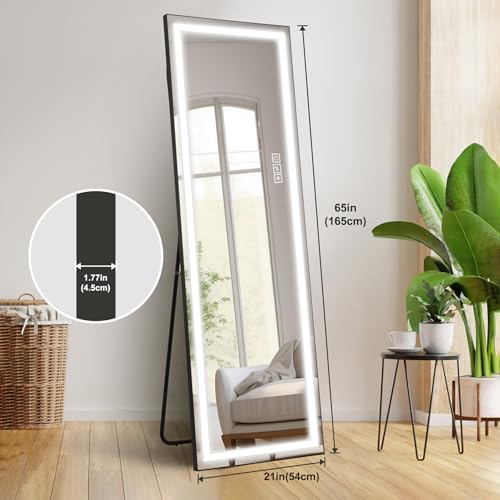 Full-Length LED Mirror with Lights, Wide Standing Dressing Mirror, Large Full-Body Floor Mirror with Dimmable Lighting for Bedroom, Tall Lighted Mirror with Stand or Wall Mount