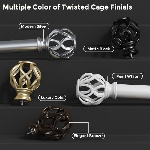 Silver Curtain Rods for Windows 48 to 84 Inch, 1 Inch Adjustable Decorative Window Treatment Rods with Aluminium Twisted Cage Finials, Heavy Duty Metal Farmhouse Drapery Pole, Easy Install