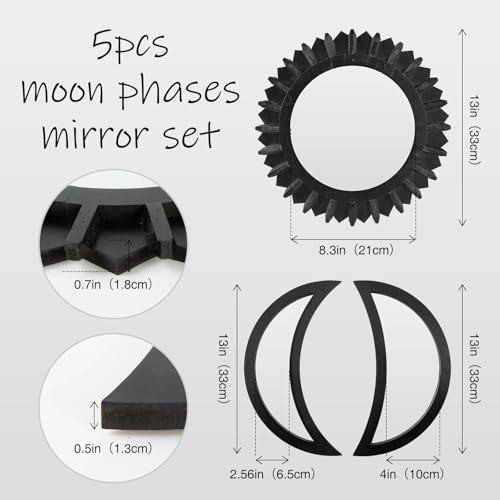 WAKOSAN Moon Phase Wall Mirror Set, 5PCS Wooden and Real Glass Mirrors | Bohemian style bedroom decor, crystal clear reflection, for living room apartment, multi-angle vertical horizontal hanging