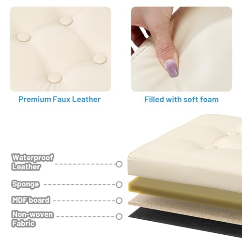 Bsketa Storage Ottoman Bench, 16" Folding Leather Foot Rest, Beige 2 Pack