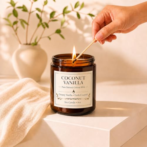 Coconut Vanilla Candle, 9 oz Soy Coconut Wax Scented Candle for Home, Vanilla Coconut Aromatherapy Candle, Clean Burning Jar Candle for Bedroom Bathroom Spa, Candle Gifts for Women Men
