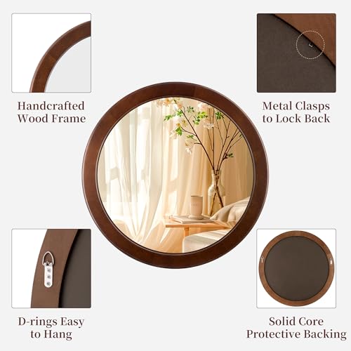 CULER Round Wood Mirror 24 Inch,Circle Mirror with Walnut Frame for Wall,Rustic Decorative Round Wall Mirror for Bathroom Bedroom Entryway（Walnut Brown）