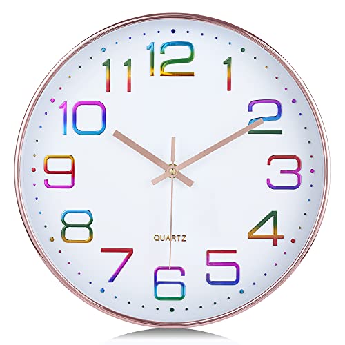 Lafocuse 12 Inch Colorful Wall Clock Battery Operated for Kitchen Living Room, Silent Rose Gold Analog Clock for Girls Bedroom Home Décor