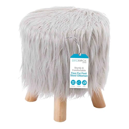 BIRDROCK HOME Small Faux Fur Foot Stool Ottoman – Upholstered Vanity Chair with Natural Wood Legs - Soft Compact Padded Seat or Accent Chair for Makeup Room, Living Room or Bedroom (Silver)
