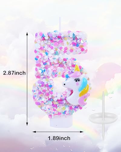 Unicorn Themed Birthday Candles,Number 5 Cartoon Birthday Party Supplies,Birthday Decorations for Gir,2.87 inch Cake Topper Decorations (Unicorn Themed, Number 5)
