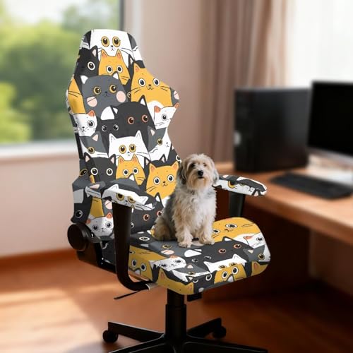 Cartoon Cat Print Gaming Chair Cover with Armrest Covers Stretch Anti Dust Furniture Protector Washable Breathable Gamer Chair Slipcover