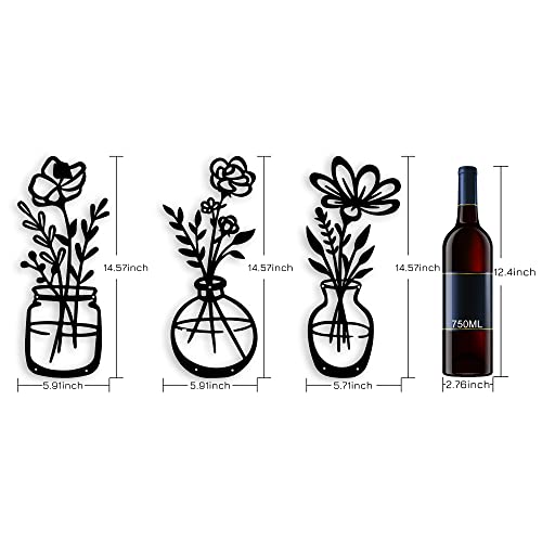 qzmaikoo 3 Pieces Black Metal Flower Wall Decor, Floral Vase Wall Art, Farmhouse Metal Wall Hanging for Bathroom Kitchen Bedroom Hallway