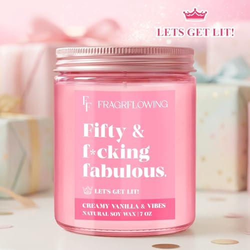 50th Birthday Candle Gifts for Women - Fifty & Fabulous! Creamy Vanilla & Natural Soy Wax Candle, Pink Jar Funny Gifts for Daughter, Sister, Best Friend or Wife Birthday Decorations