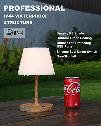 Outdoor Battery Operated Table Lamp Waterproof, 4000mAh Cordless Table Lamp Rechargeable, Touch Dimmable Desk Lamp, LED Night Light for Patio Camping Restaurant Home (Wood Grain, 9.6in)