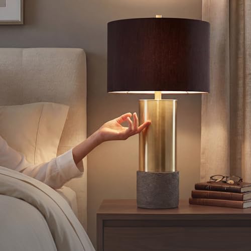 Signature Design by Ashley Jacek Contemporary Table Lamp, 2 Count, 3 Way Switch, Metal, Poly Resin and Drum Shade, 15" W x 15" D x 27.25" H, Gray & Brass Finish