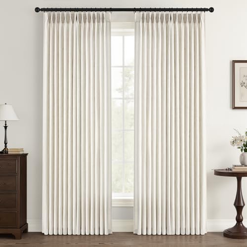 Natural Pinch Pleated Linen Curtains 96 Inches Long for Living Room Bedroom Birch Thick Linen Textured Memory Trained Light Filtering Back Tab Pleated Cream Drapes with Hooks Rings 8 FT