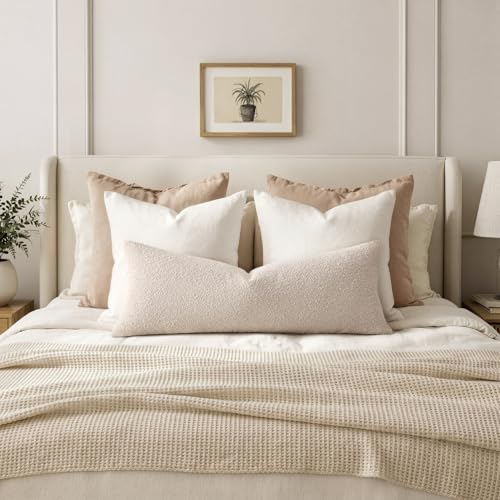 MIULEE Textured Boucle Throw Pillow Cover Beige Accent Solid Lumbar Pillow Case Decorative Soft Pack of 1 Couch Cushion Chair Sofa Bedroom Livingroom Home Decor,36x14 Inch
