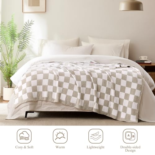 Checkered Throw Blanket, Taupe Soft Cozy Fluffy Knitted Throw Blankets for Couch, Sofa, Bed, Chair, Warm Fuzzy Travel Picnic Lightweight Plaid Blanket, 50x70 inches