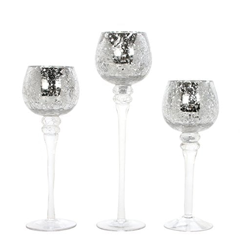 Hosley Set of 3 Crackle Metallic Glass Tealight Holders 12 Inch, 10 Inch, 9 Inch Elegant Home Decor for Ambient Lighting and Stylish Centerpieces and Gift