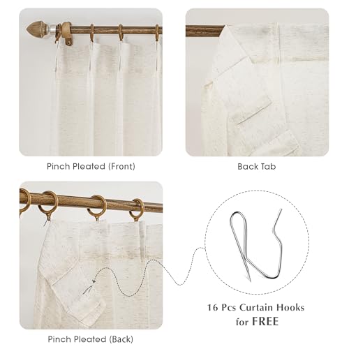 FMFUNCTEX Linen Sheer Pinch Pleated Curtains for Living Room, Linen Flax Beige 96 Inches Long Sheer Curtain Panels for Bedroom, Natural Back Tab Window Drapes for Farmhouse, Rod Pocket 2 Panels