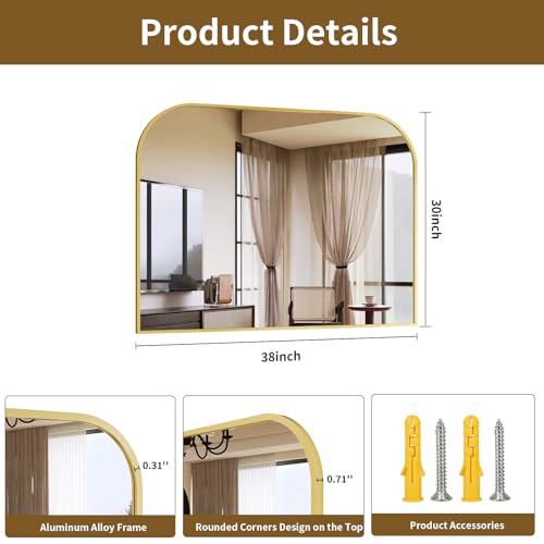 Gold Arched Top Wall Mounted Mirror - 38 x 30 Inch Round Cruved Top Bathroom Vanity Mirror, Aluminum Metal Framed, Home Decor for Living Room, Bedroom, Fireplace, Mantle, Entryway